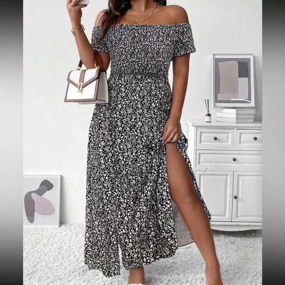 Boho floral off shoulder split thigh maxi dress - Picture 12 of 12